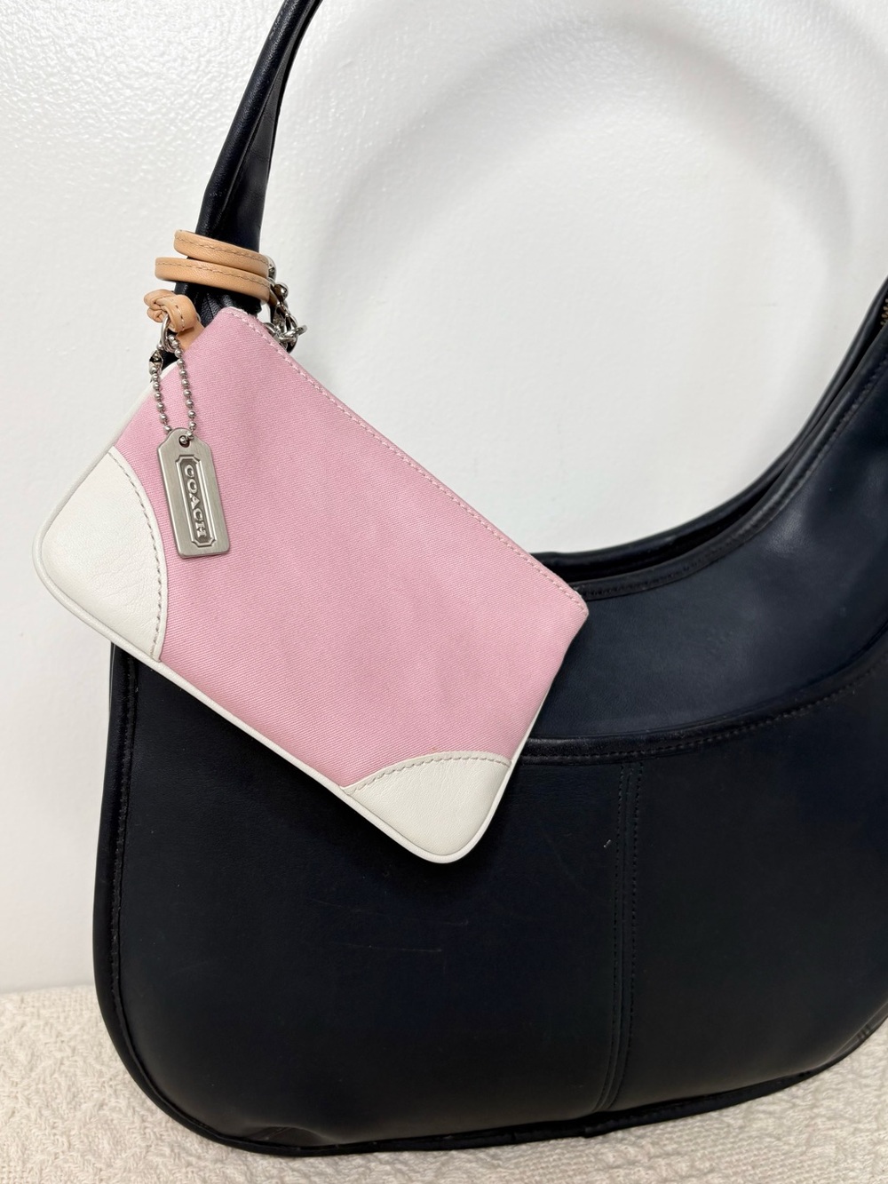 Y2K Vintage Coach Soho Twill Small Wristlet Pink White Leather Silver